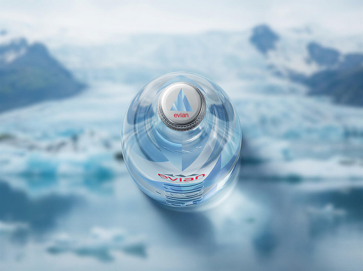 Evian packaging lid mockup shown against a landscape background